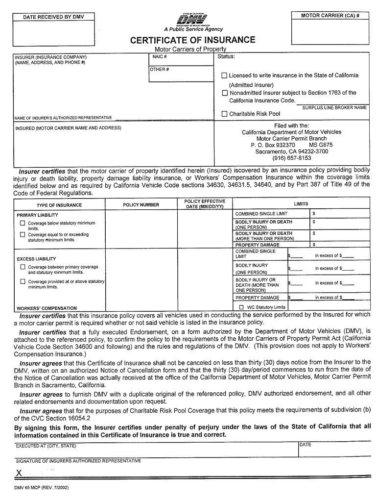 mc65 certificate of insurance